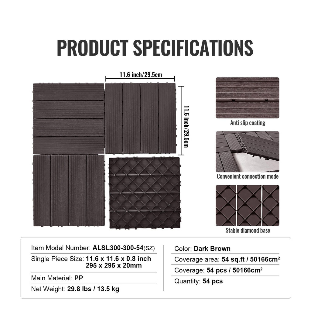 Interlocking Deck Tiles 54 Pack 12"x12" Waterproof for Porch Dark Brown