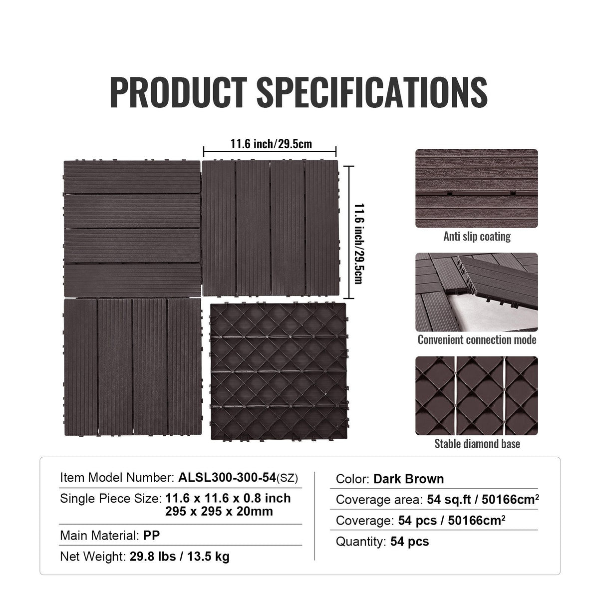 Interlocking Deck Tiles 54 Pack 12"x12" Waterproof for Porch Dark Brown