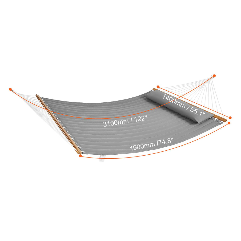 Double Quilted Fabric Hammock, 12 FT Double Hammock with Hardwood Spreader Bars, 2 Person Quilted Hammock with Detachable Pillow and Chains for Camping Outdoor Patio Yard Beach, 480 lbs Capacity