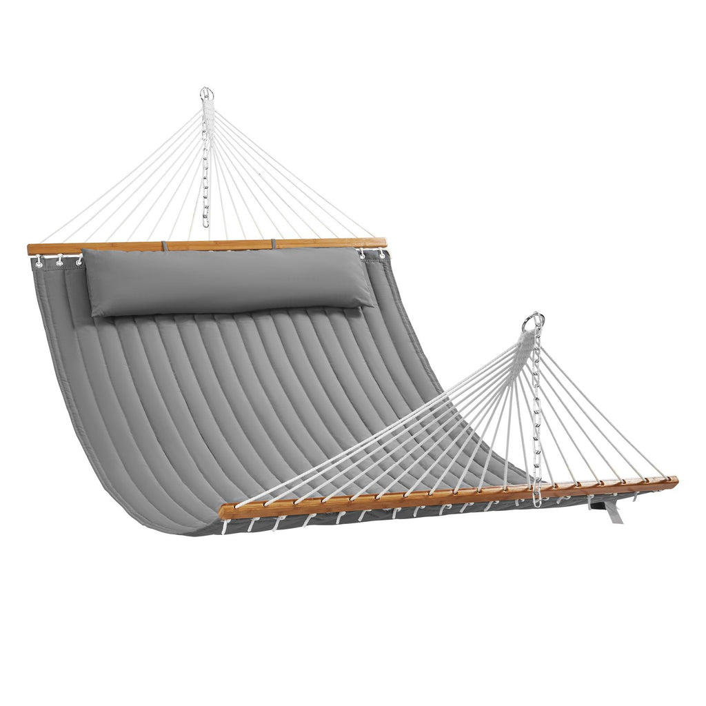 Double Quilted Fabric Hammock, 12 FT Double Hammock with Hardwood Spreader Bars, 2 Person Quilted Hammock with Detachable Pillow and Chains for Camping Outdoor Patio Yard Beach, 480 lbs Capacity