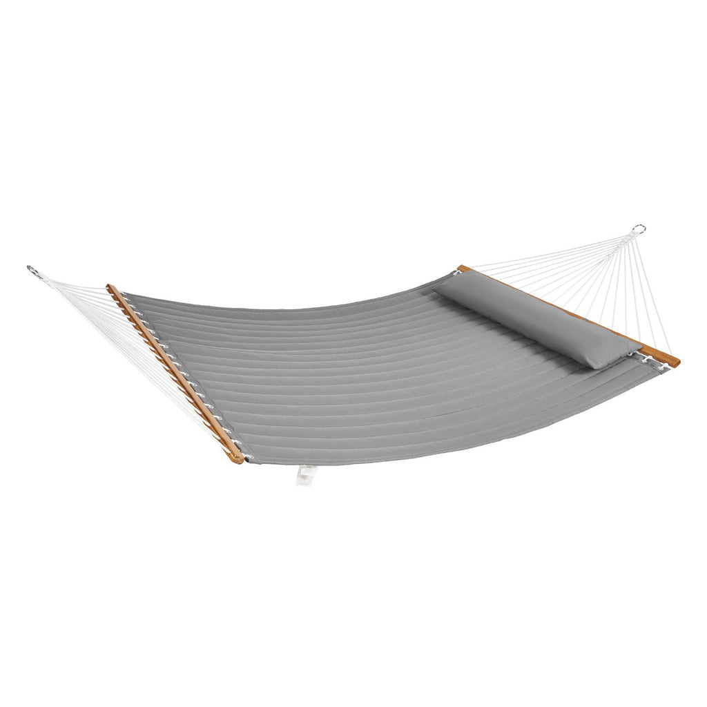 Double Quilted Fabric Hammock, 12 FT Double Hammock with Hardwood Spreader Bars, 2 Person Quilted Hammock with Detachable Pillow and Chains for Camping Outdoor Patio Yard Beach, 480 lbs Capacity