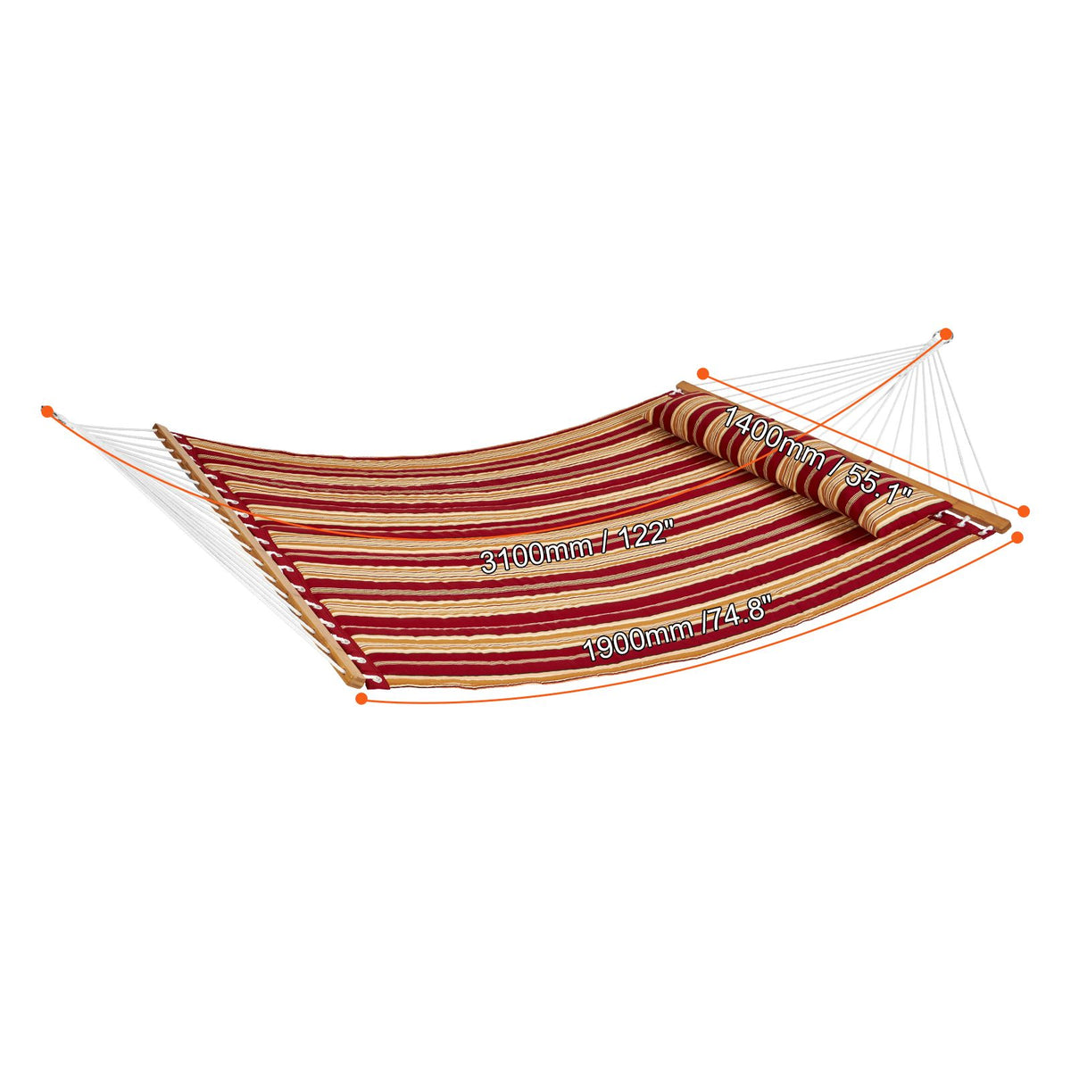 Double Quilted Fabric Hammock, 12 FT Double Hammock with Hardwood Spreader Bars, 2 Person Quilted Hammock with Detachable Pillow and Chains for Camping Outdoor Patio Yard Beach, 480 lbs Capacity
