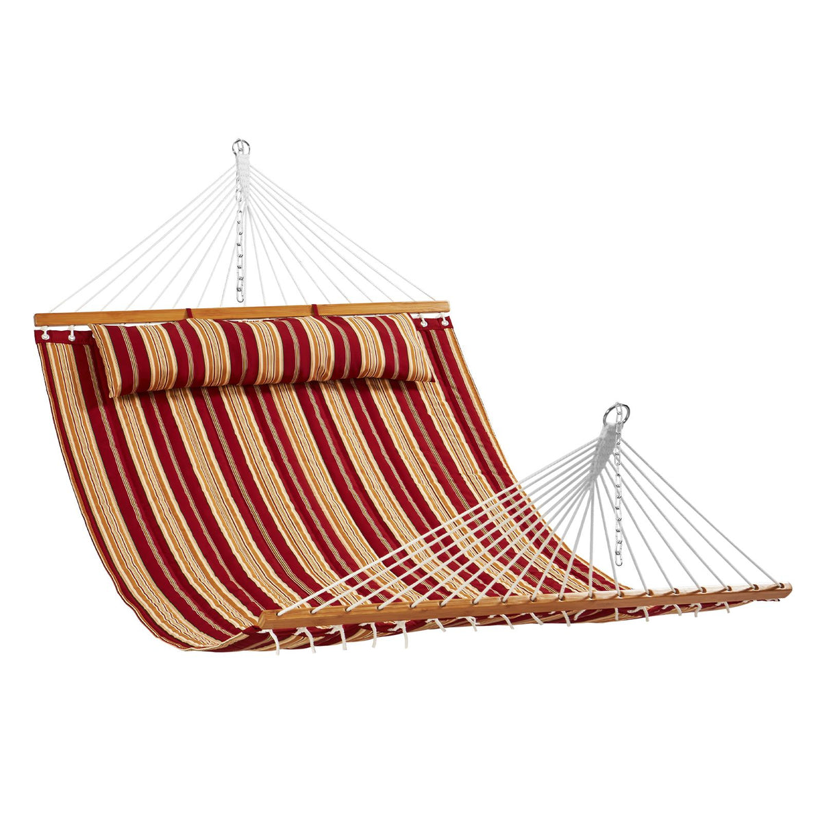 Double Quilted Fabric Hammock, 12 FT Double Hammock with Hardwood Spreader Bars, 2 Person Quilted Hammock with Detachable Pillow and Chains for Camping Outdoor Patio Yard Beach, 480 lbs Capacity