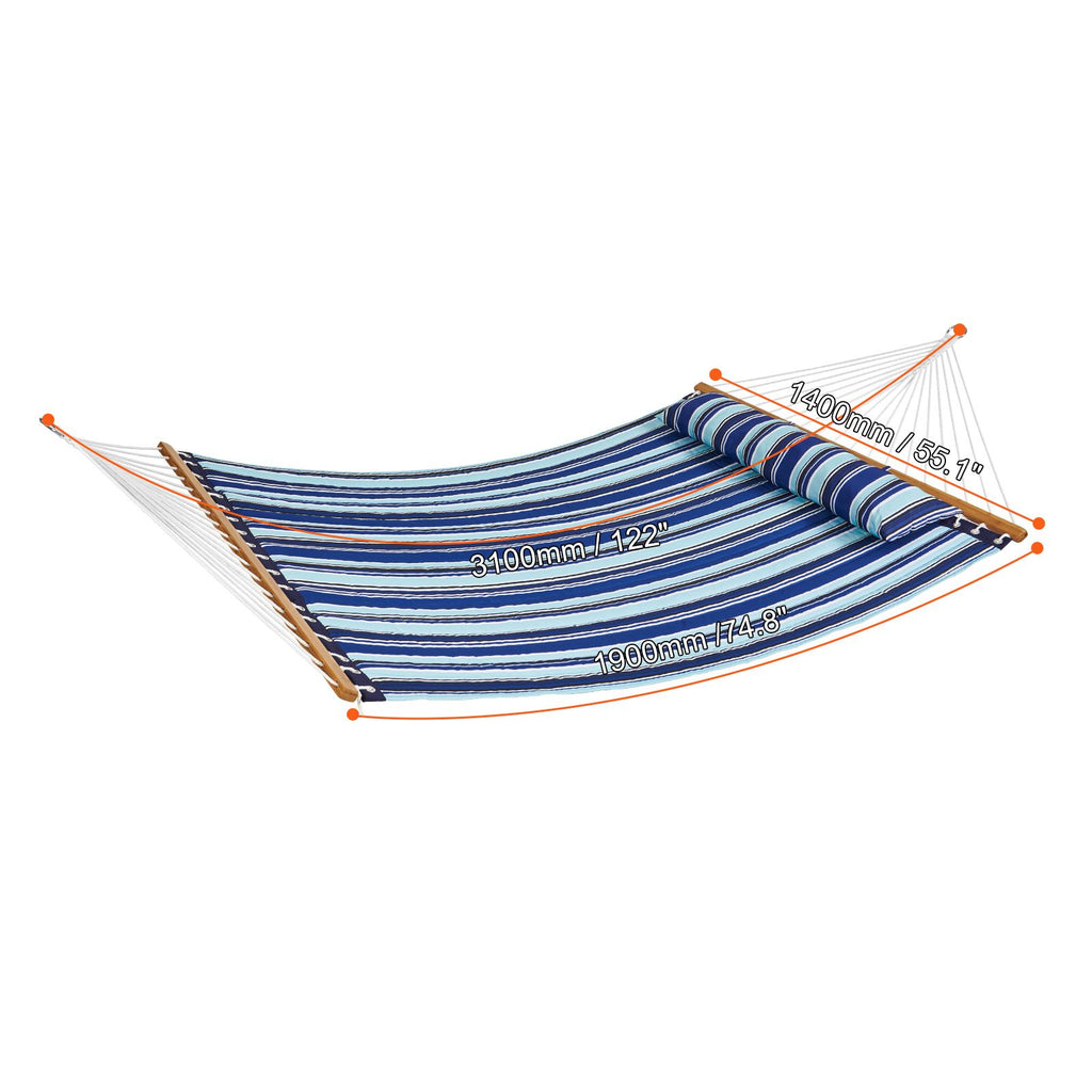 Double Quilted Fabric Hammock, 12 FT Double Hammock with Hardwood Spreader Bars, 2 Person Quilted Hammock with Detachable Pillow and Chains for Camping Outdoor Patio Yard Beach, 480 lbs Capacity