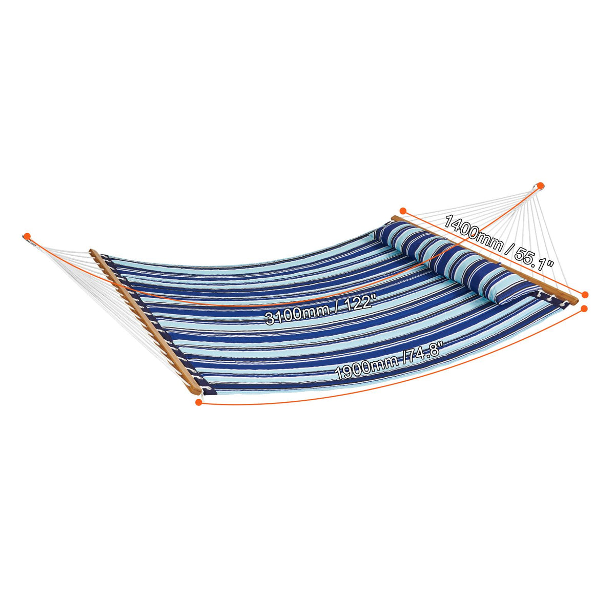 Double Quilted Fabric Hammock, 12 FT Double Hammock with Hardwood Spreader Bars, 2 Person Quilted Hammock with Detachable Pillow and Chains for Camping Outdoor Patio Yard Beach, 480 lbs Capacity