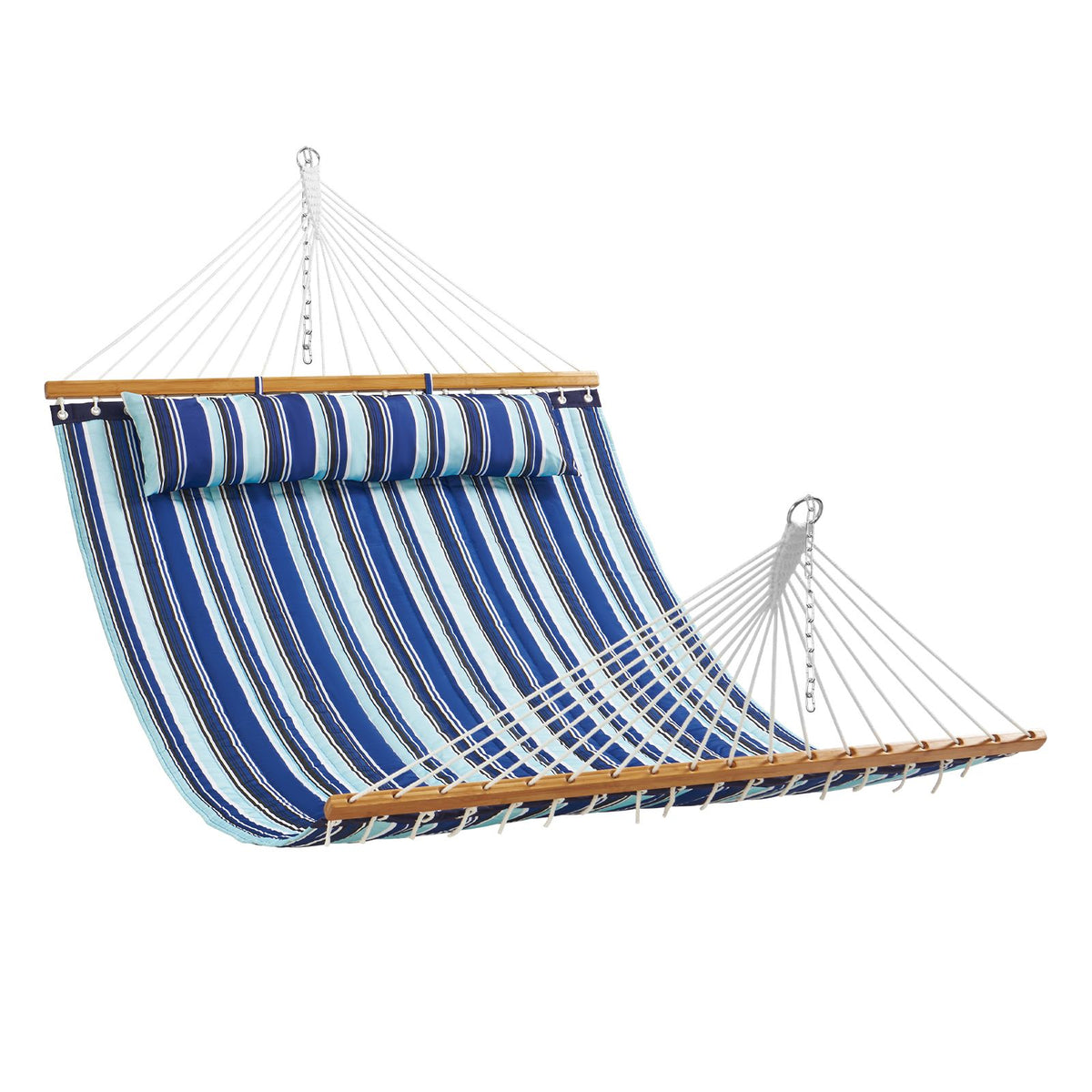 Double Quilted Fabric Hammock, 12 FT Double Hammock with Hardwood Spreader Bars, 2 Person Quilted Hammock with Detachable Pillow and Chains for Camping Outdoor Patio Yard Beach, 480 lbs Capacity