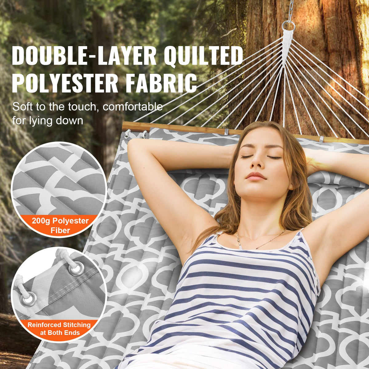 Double Quilted Fabric Hammock, 12 FT Double Hammock with Hardwood Spreader Bars, 2 Person Quilted Hammock with Detachable Pillow and Chains for Camping Outdoor Patio Yard Beach, 480 lbs Capacity