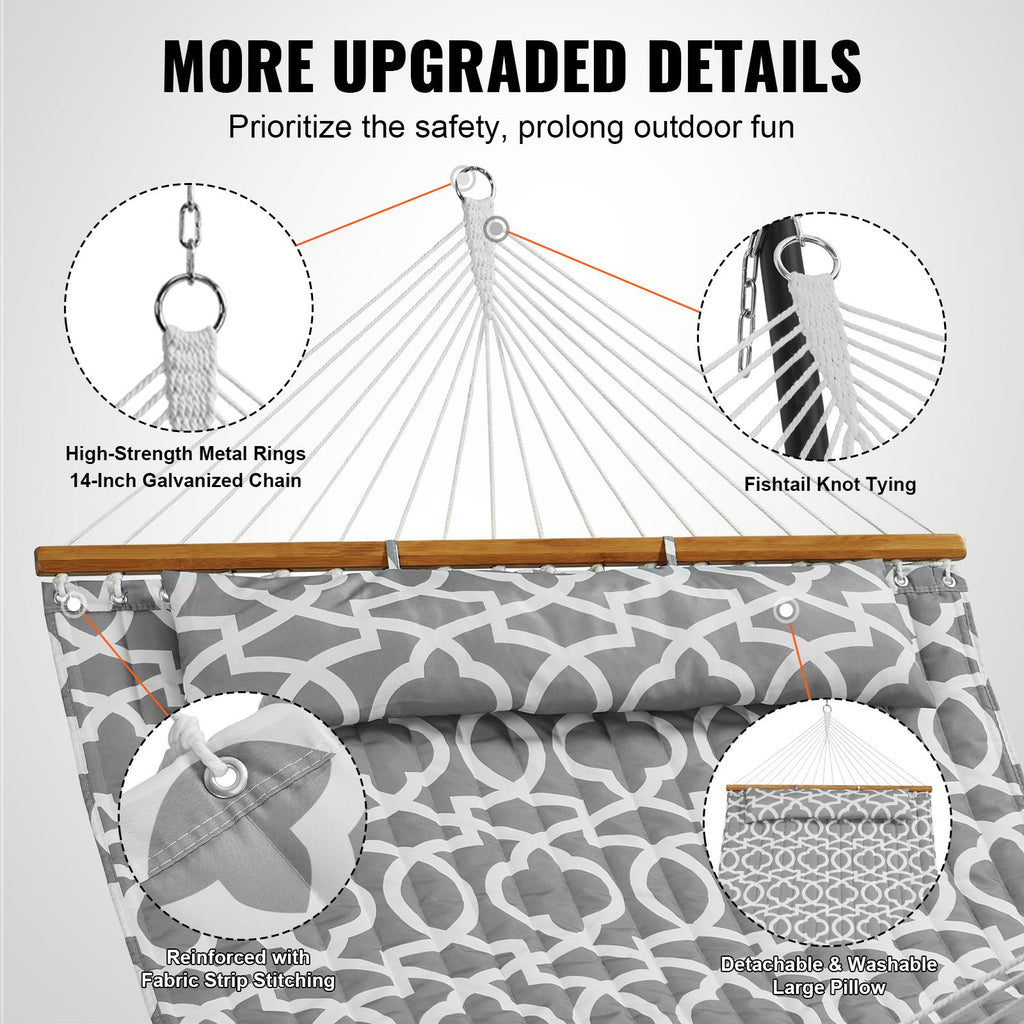 Double Quilted Fabric Hammock, 12 FT Double Hammock with Hardwood Spreader Bars, 2 Person Quilted Hammock with Detachable Pillow and Chains for Camping Outdoor Patio Yard Beach, 480 lbs Capacity