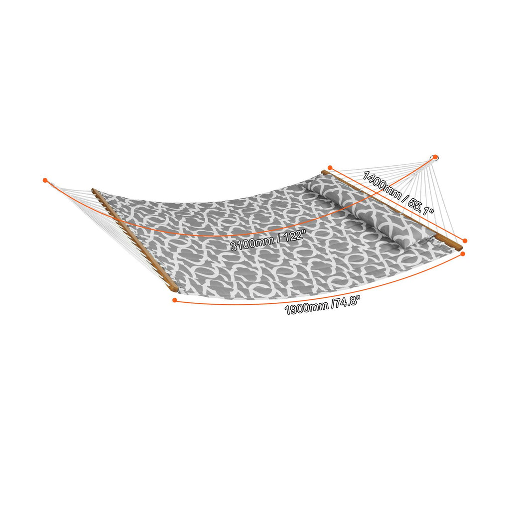 Double Quilted Fabric Hammock, 12 FT Double Hammock with Hardwood Spreader Bars, 2 Person Quilted Hammock with Detachable Pillow and Chains for Camping Outdoor Patio Yard Beach, 480 lbs Capacity