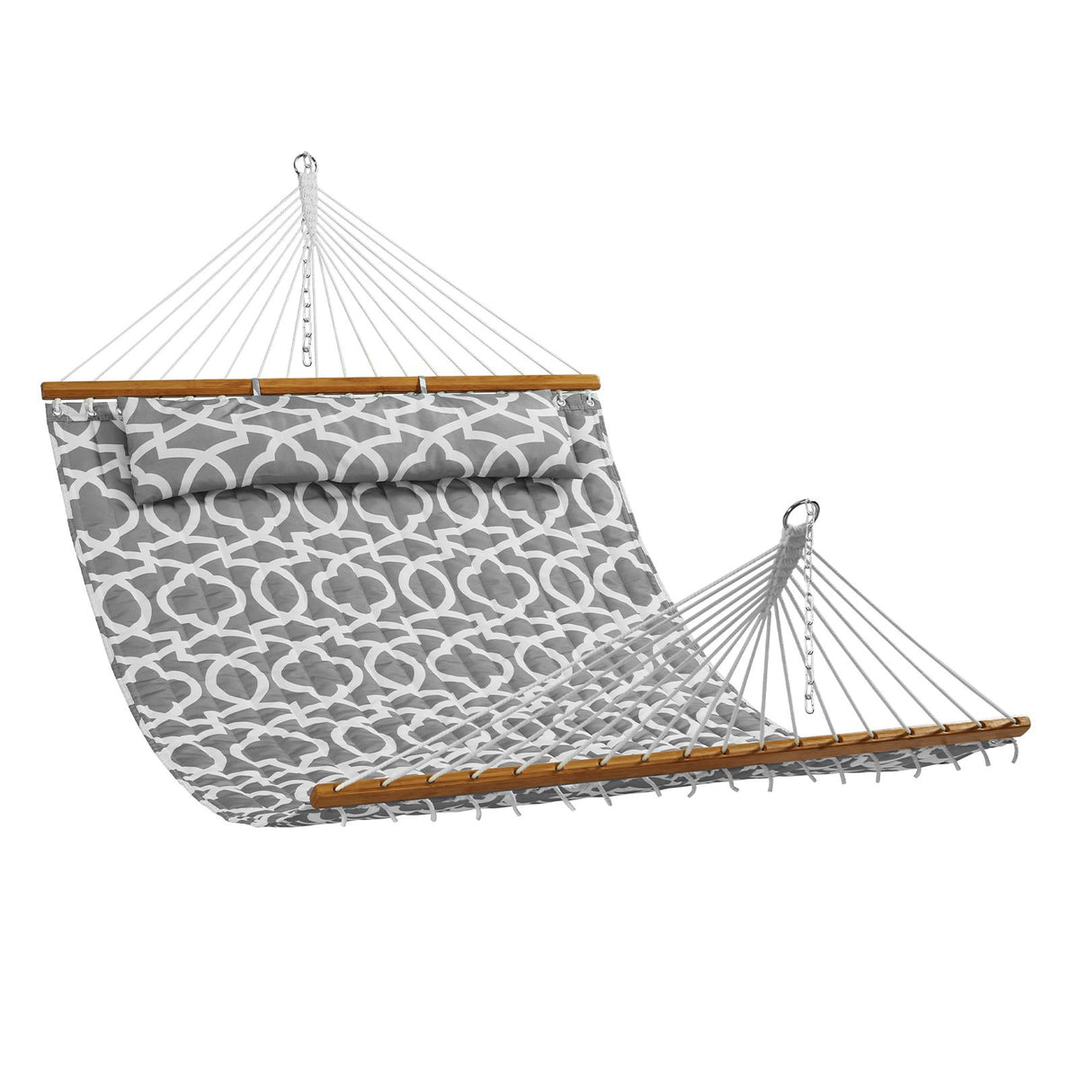 Double Quilted Fabric Hammock, 12 FT Double Hammock with Hardwood Spreader Bars, 2 Person Quilted Hammock with Detachable Pillow and Chains for Camping Outdoor Patio Yard Beach, 480 lbs Capacity