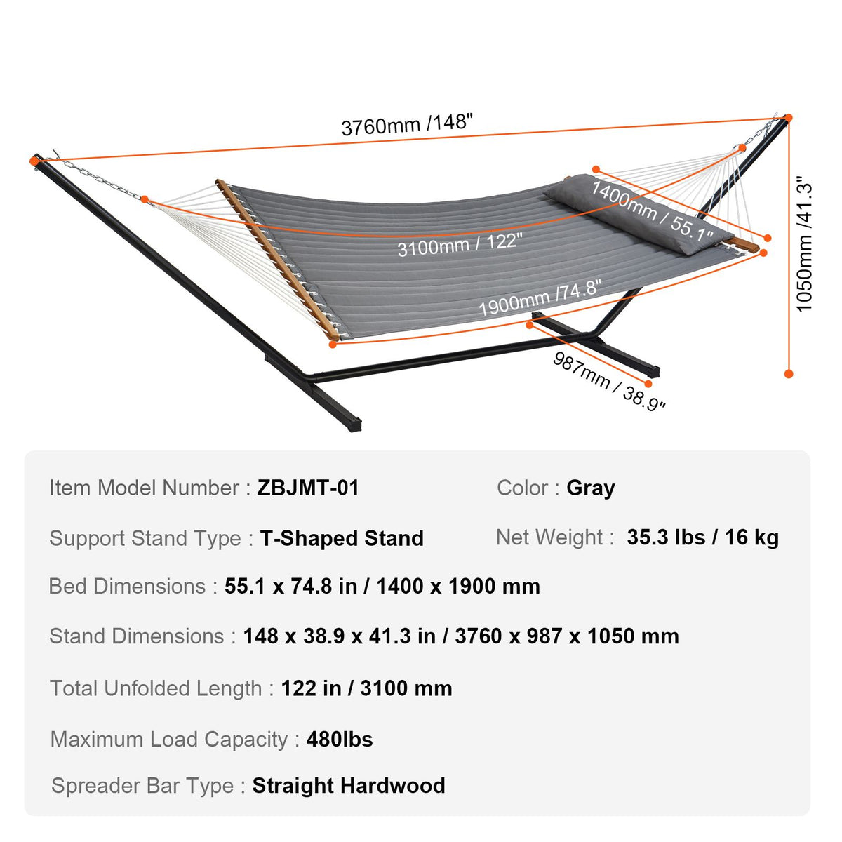 Double Quilted Fabric Hammock Two Person Hammock with Stand 480lb Capacity