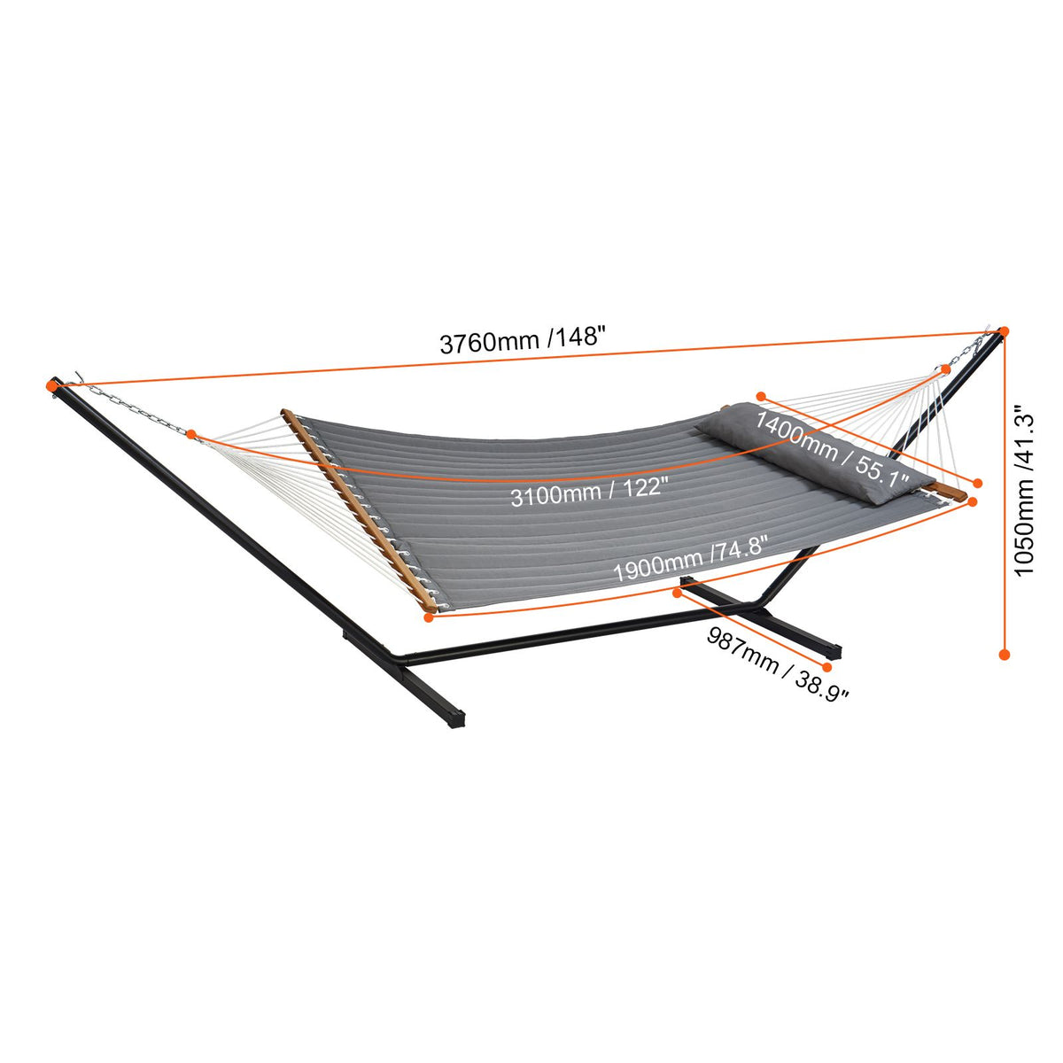 Double Quilted Fabric Hammock Two Person Hammock with Stand 480lb Capacity