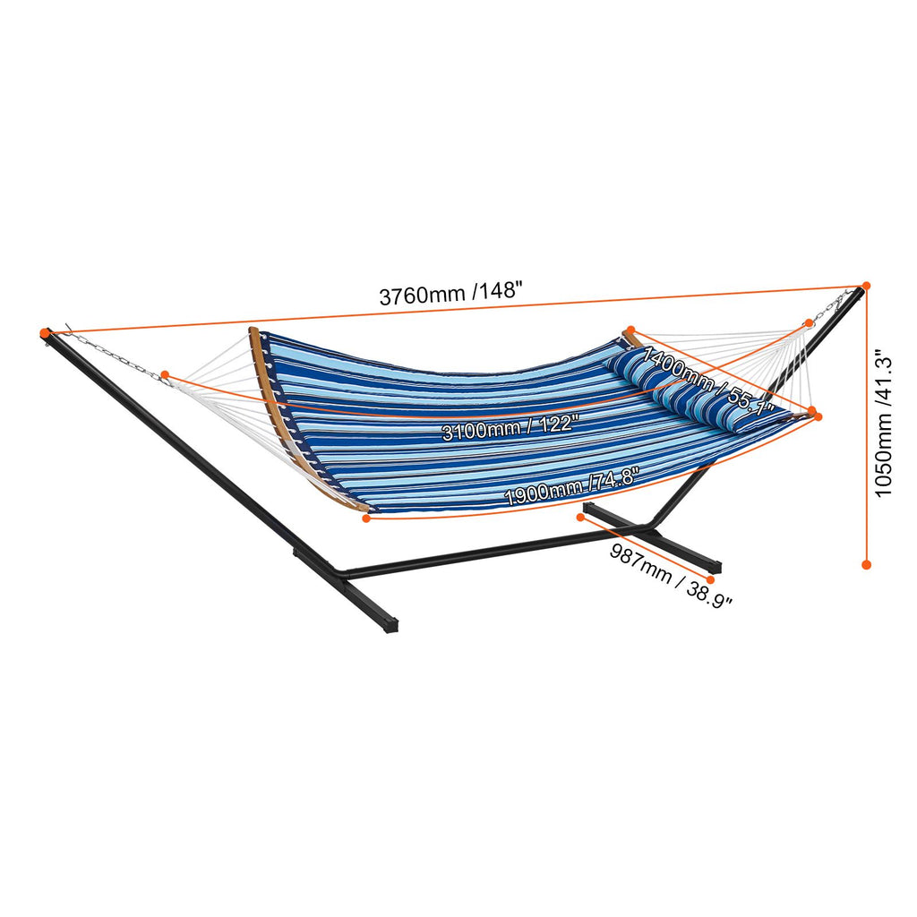 Two Person Hammock with Stand Included, Double Hammock with Curved Spreader Bar and Detachable Pillow and Portable Carrying Bag, Perfect for Outdoor Freestanding Hammock, 480lb Capacity