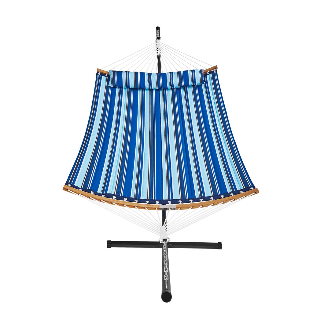 Two Person Hammock with Stand Included, Double Hammock with Curved Spreader Bar and Detachable Pillow and Portable Carrying Bag, Perfect for Outdoor Freestanding Hammock, 480lb Capacity