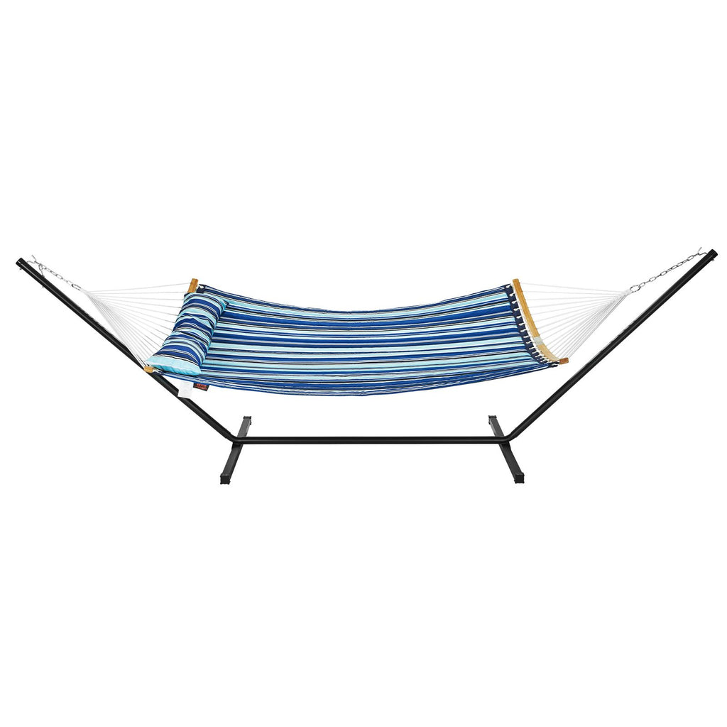 Two Person Hammock with Stand Included, Double Hammock with Curved Spreader Bar and Detachable Pillow and Portable Carrying Bag, Perfect for Outdoor Freestanding Hammock, 480lb Capacity