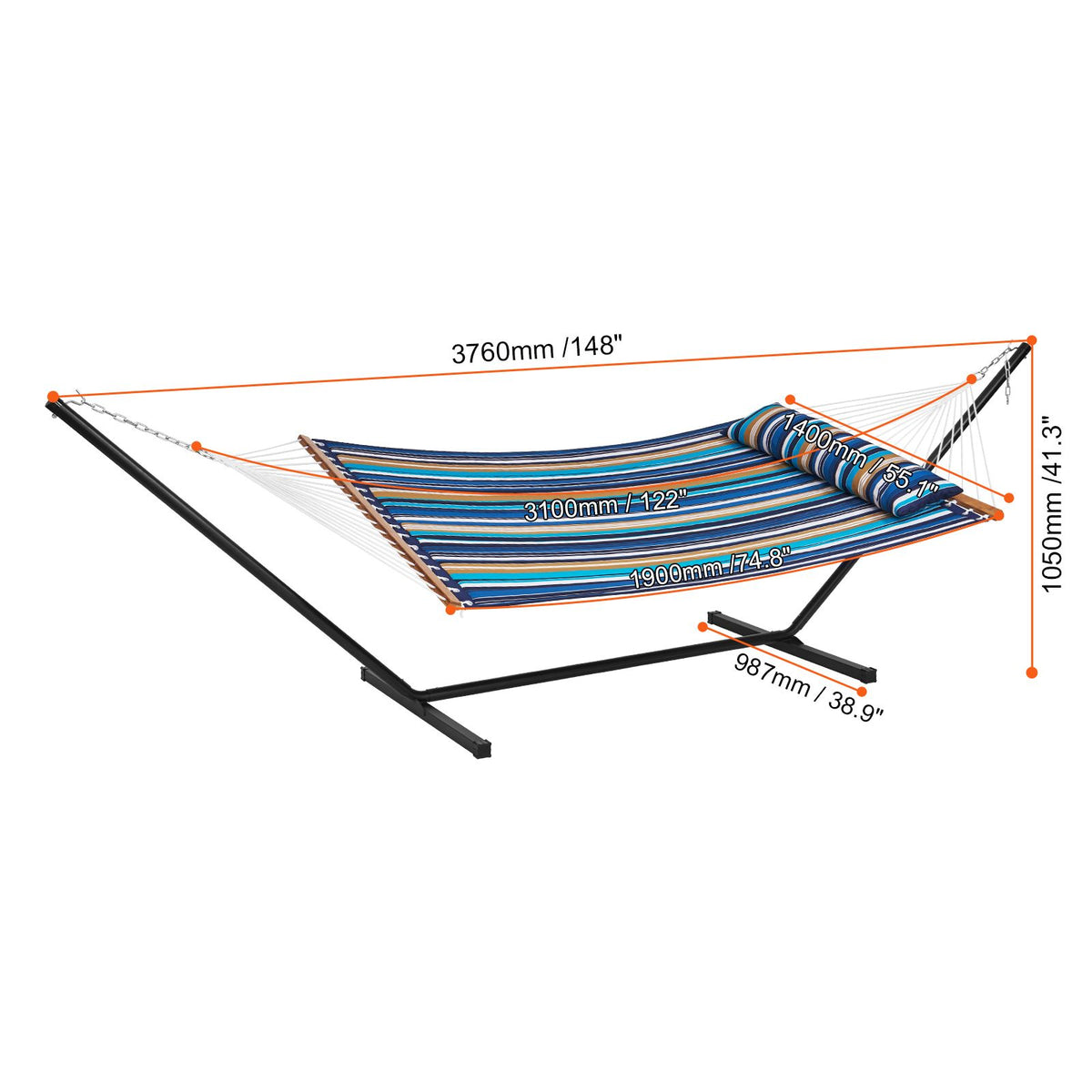 Double Quilted Fabric Hammock Two Person Hammock with Stand 480lb Capacity