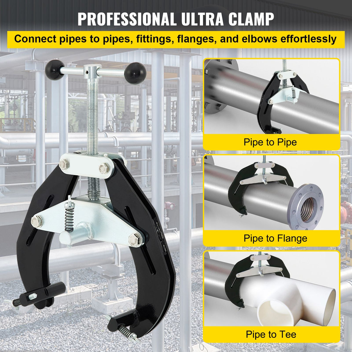 Pipe Clamp, 2 to 6 in, High Strength Ultra Clamp with Quick Acting Screws, Steel Pipe Alignment Tool with Lightweight Design, Black
