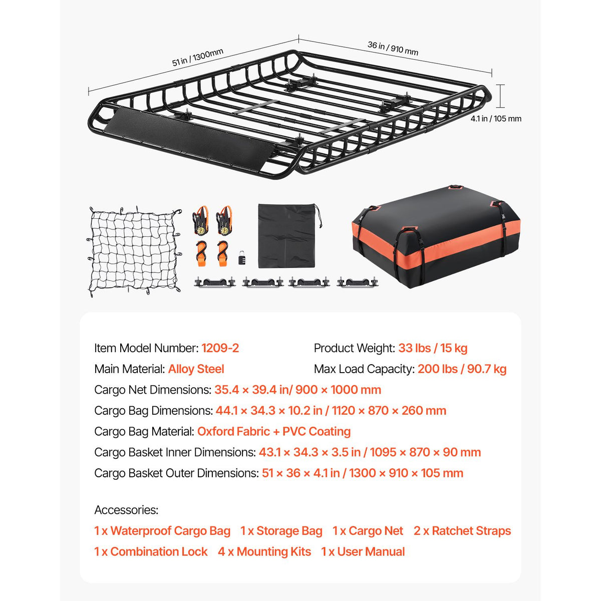 Roof Rack Basket, 1300 x 910 x 105 mm, Universal Rooftop Cargo Carrier with 44.1 x 34.3 x 10.2 in Cargo Bag, Net, Ratchet Straps, 90.7 kg Max Load Capacity Car Top Luggage Holder, for SUV Car