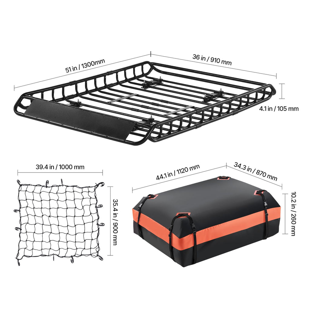 Roof Rack Basket, 1300 x 910 x 105 mm, Universal Rooftop Cargo Carrier with 44.1 x 34.3 x 10.2 in Cargo Bag, Net, Ratchet Straps, 90.7 kg Max Load Capacity Car Top Luggage Holder, for SUV Car