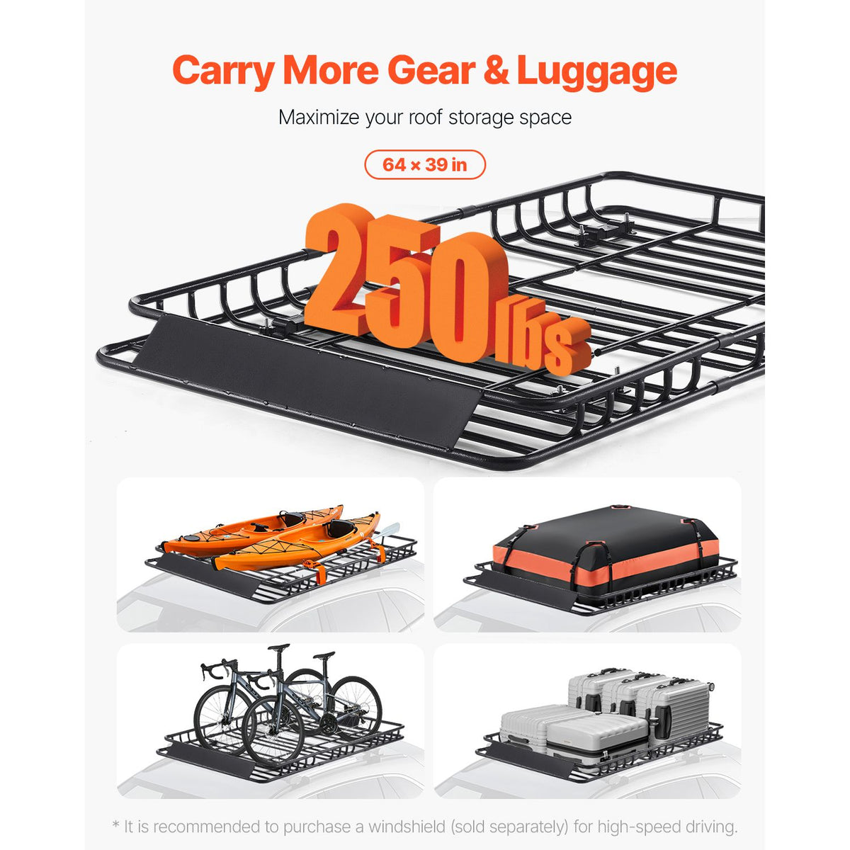 Roof Rack Basket, 1625 x 990 x 105 mm, Universal Rooftop Cargo Carrier with 1120 x 870 x 260 mm Cargo Bag, Net, Ratchet Straps, 113.4 kg Max Load Capacity Car Top Luggage Holder, for SUV Car