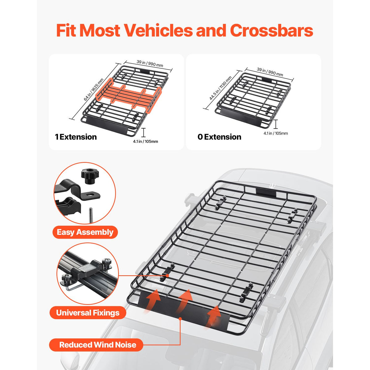 Roof Rack Basket, 1625 x 990 x 105 mm, Universal Rooftop Cargo Carrier with 1120 x 870 x 260 mm Cargo Bag, Net, Ratchet Straps, 113.4 kg Max Load Capacity Car Top Luggage Holder, for SUV Car