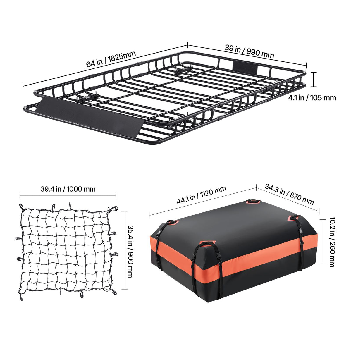 Roof Rack Basket, 1625 x 990 x 105 mm, Universal Rooftop Cargo Carrier with 1120 x 870 x 260 mm Cargo Bag, Net, Ratchet Straps, 113.4 kg Max Load Capacity Car Top Luggage Holder, for SUV Car