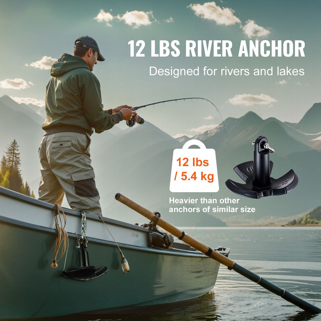 River Anchor, 12 LBS Boat Anchor Cast Iron Black Vinyl-Coated with Shackle, Marine Grade Mushroom Anchor for Boats Up To 10 ft, Impressive Holding Power in River and Mud Bottom Lakes