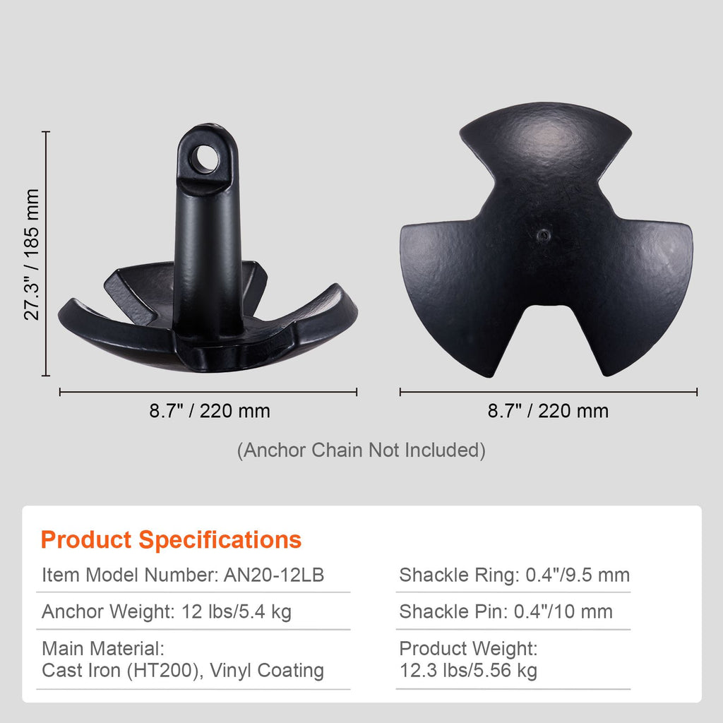 River Anchor, 12 LBS Boat Anchor Cast Iron Black Vinyl-Coated with Shackle, Marine Grade Mushroom Anchor for Boats Up To 10 ft, Impressive Holding Power in River and Mud Bottom Lakes