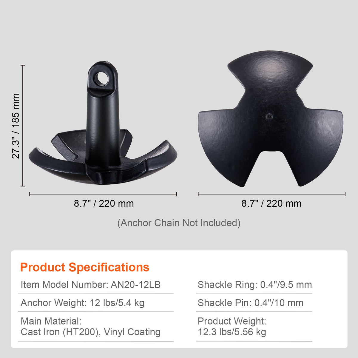 River Anchor, 12 LBS Boat Anchor Cast Iron Black Vinyl-Coated with Shackle, Marine Grade Mushroom Anchor for Boats Up To 10 ft, Impressive Holding Power in River and Mud Bottom Lakes