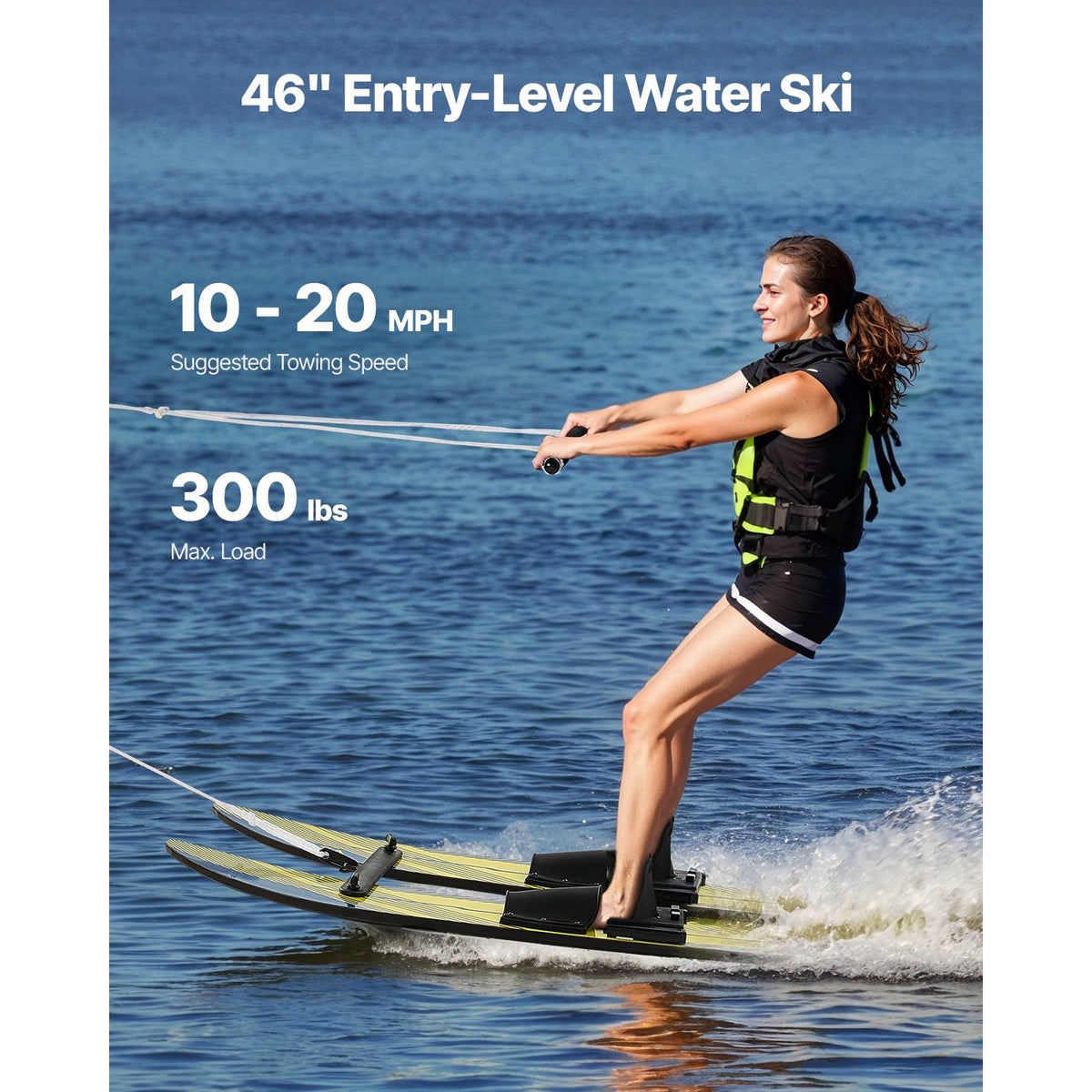 Water Skis 116.8 cm / 46 inch, Water Ski Trainers with X-7 Adjustable Bindings, Double-Handle Rope & Removable Stabilizing Bar, Training Waterskis Combo for Youth Up to 136 kg