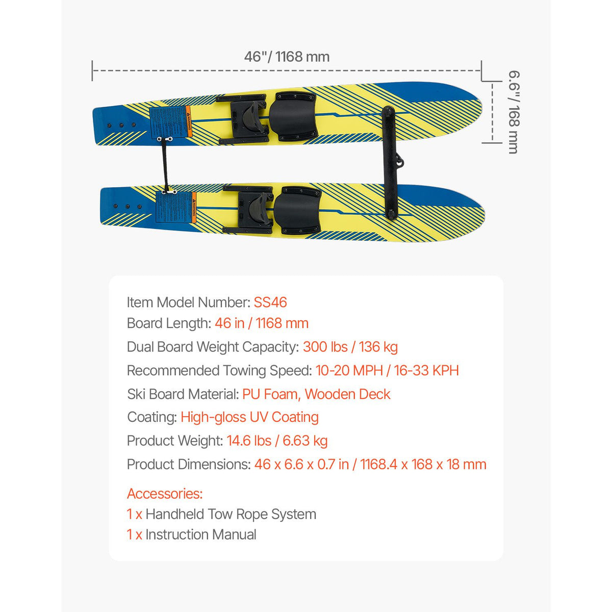 Water Skis 116.8 cm / 46 inch, Water Ski Trainers with X-7 Adjustable Bindings, Double-Handle Rope & Removable Stabilizing Bar, Training Waterskis Combo for Youth Up to 136 kg