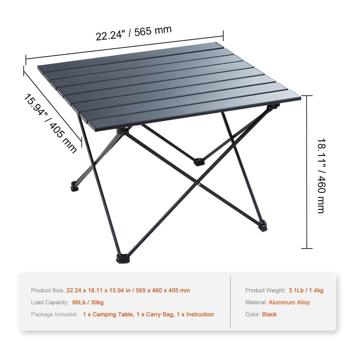 Folding Camping Table, Outdoor Portable Side Tables, Lightweight Fold Up Table, Aluminum Alloy Ultra Compact Work Table with Carry Bag, For Cooking, Beach, Picnic, Travel, 22.2x15.9 inch, Black