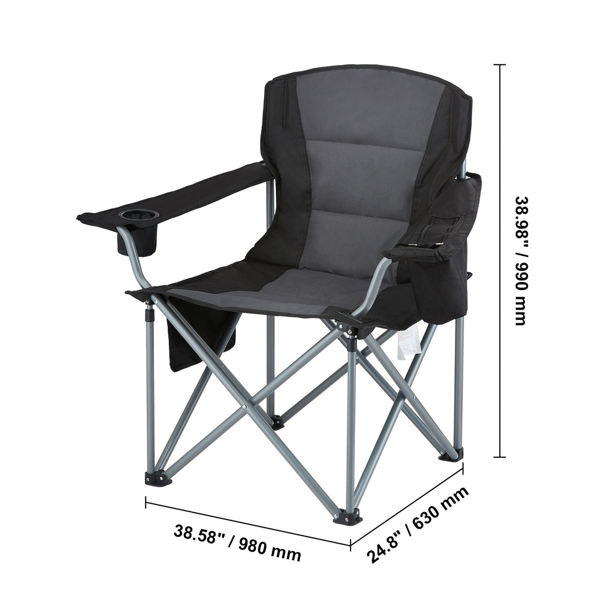 Camping Folding Chair for Adults, Portable Heavy Duty Outdoor Quad Lumbar Back Padded Arm Chairs with Side Pockets, Cup Holder and Cooler Bag for Beach, Lawn, Picnic, Fishing, Backpacking, Black