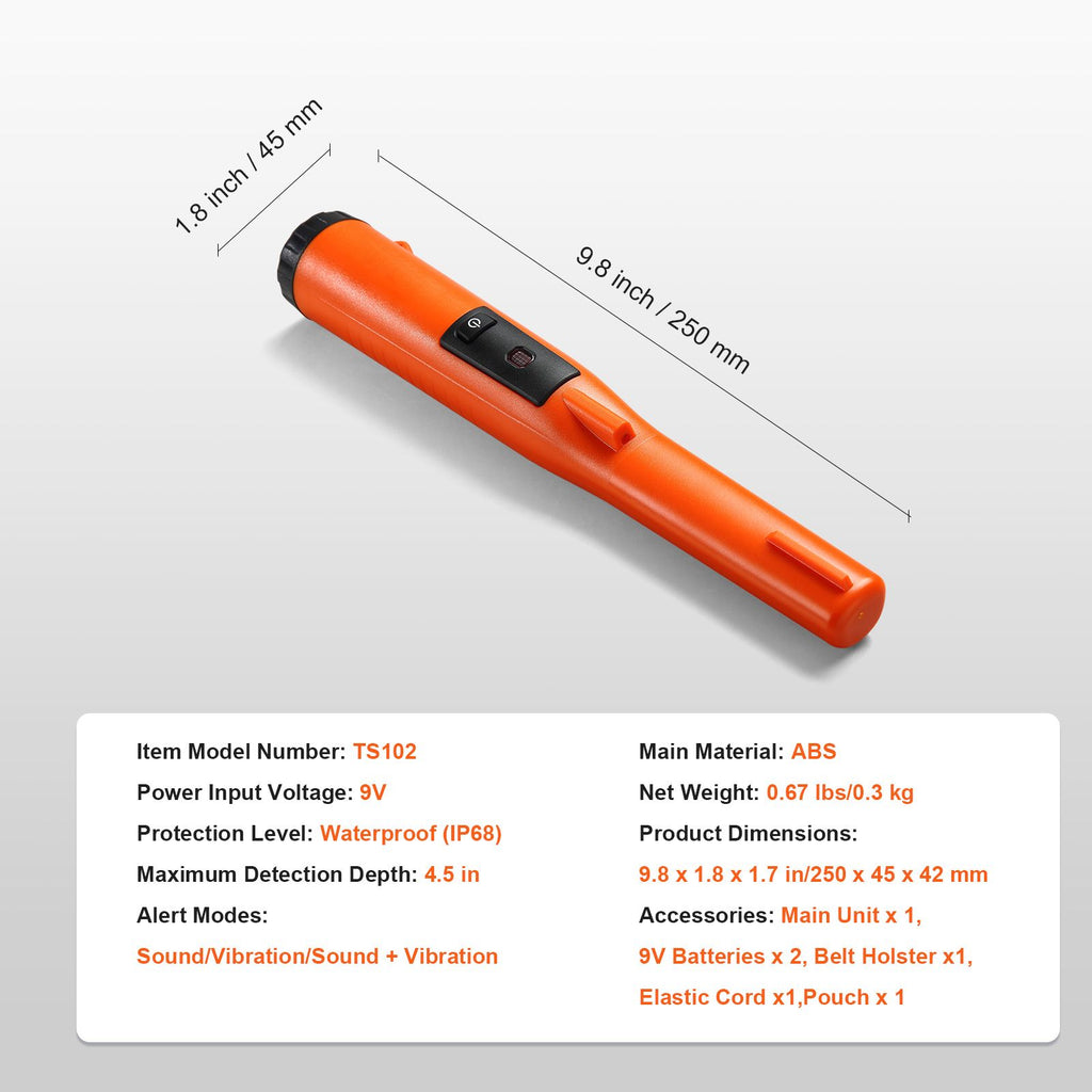 Metal Detector Pinpointer, IP68 Fully Waterproof Handheld Pin Pointer Wand, 11.4 cm Detection Depth, 3 Modes, Professional Treasure Hunting Probe with Holster and 9V Battery, for Adults and Kids