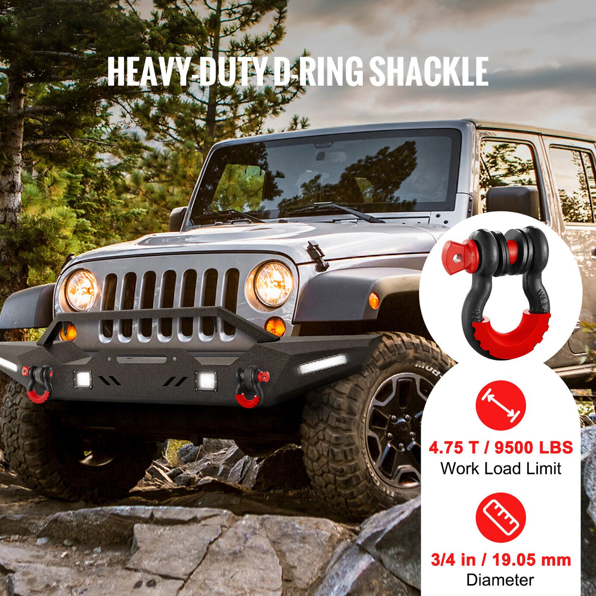 D-Ring Shackle, 2 Pack 19.05 mm Alloy Steel Shackles 28.5 Ton Break Strength with 22 mm Screw Pin, Isolators & Washers Kit, Heavy Duty Off Road Vehicle Recovery Shackle for Jeep Truck, Black