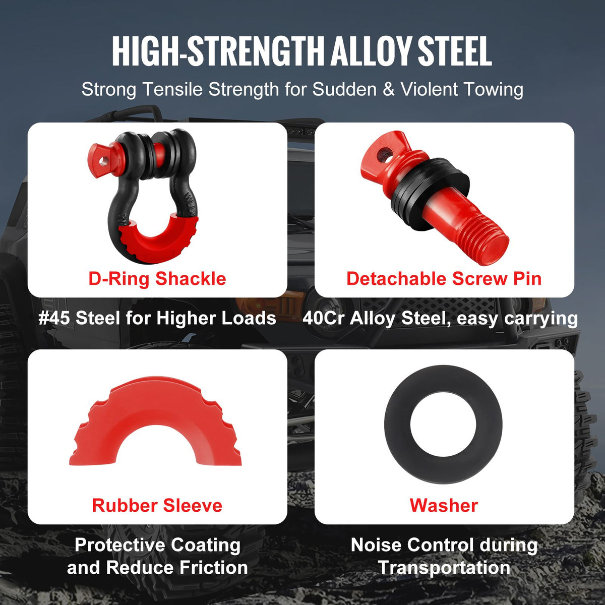 D-Ring Shackle, 2 Pack 19.05 mm Alloy Steel Shackles 28.5 Ton Break Strength with 22 mm Screw Pin, Isolators & Washers Kit, Heavy Duty Off Road Vehicle Recovery Shackle for Jeep Truck, Black