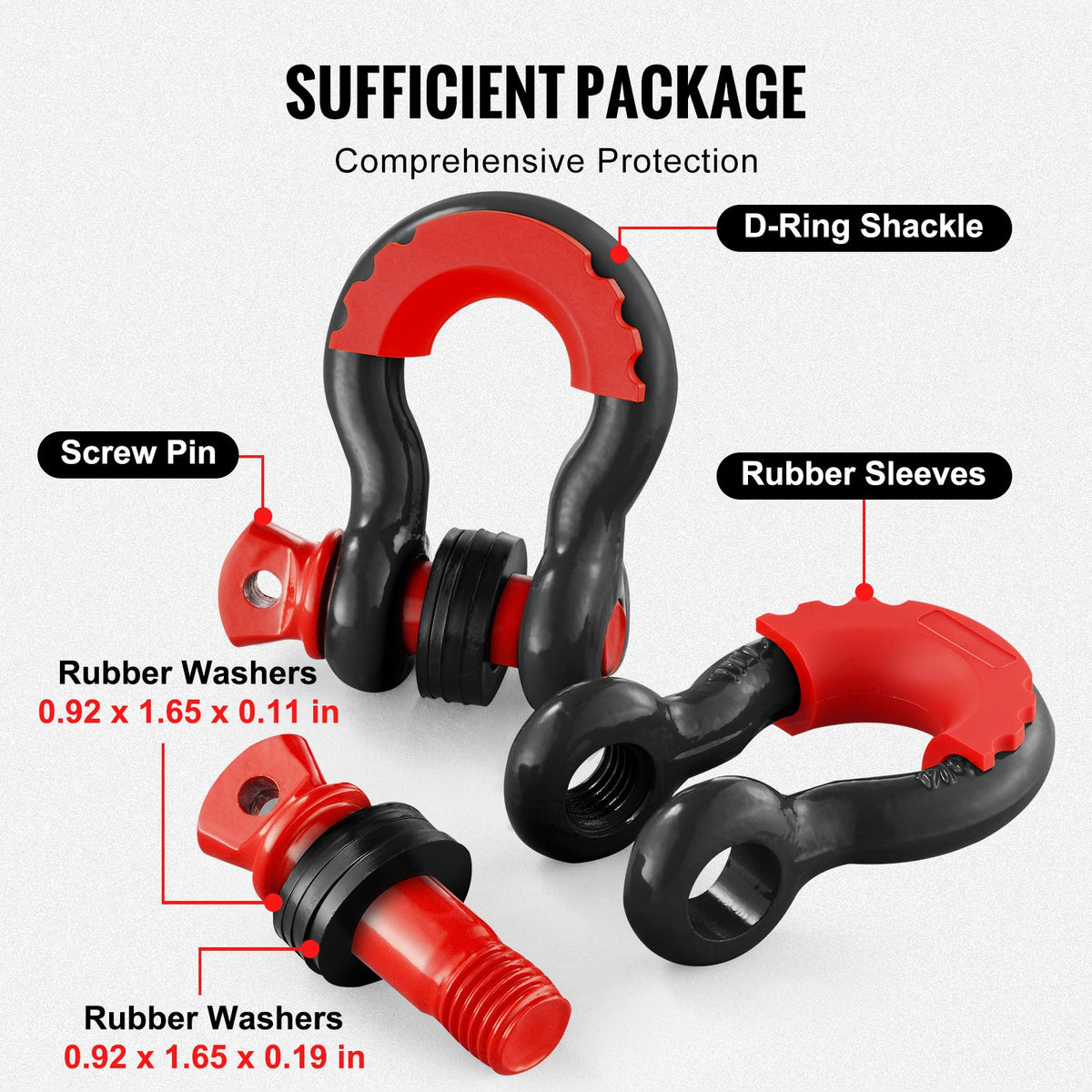 D-Ring Shackle, 2 Pack 19.05 mm Alloy Steel Shackles 28.5 Ton Break Strength with 22 mm Screw Pin, Isolators & Washers Kit, Heavy Duty Off Road Vehicle Recovery Shackle for Jeep Truck, Black