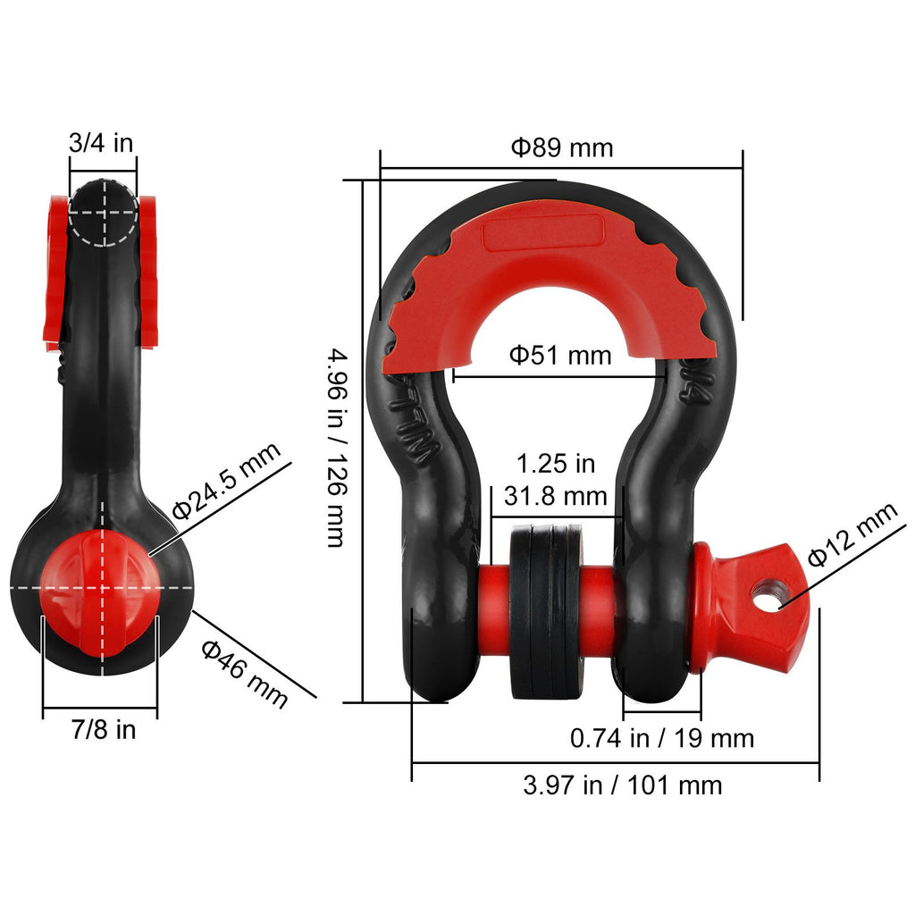D-Ring Shackle, 2 Pack 19.05 mm Alloy Steel Shackles 28.5 Ton Break Strength with 22 mm Screw Pin, Isolators & Washers Kit, Heavy Duty Off Road Vehicle Recovery Shackle for Jeep Truck, Black