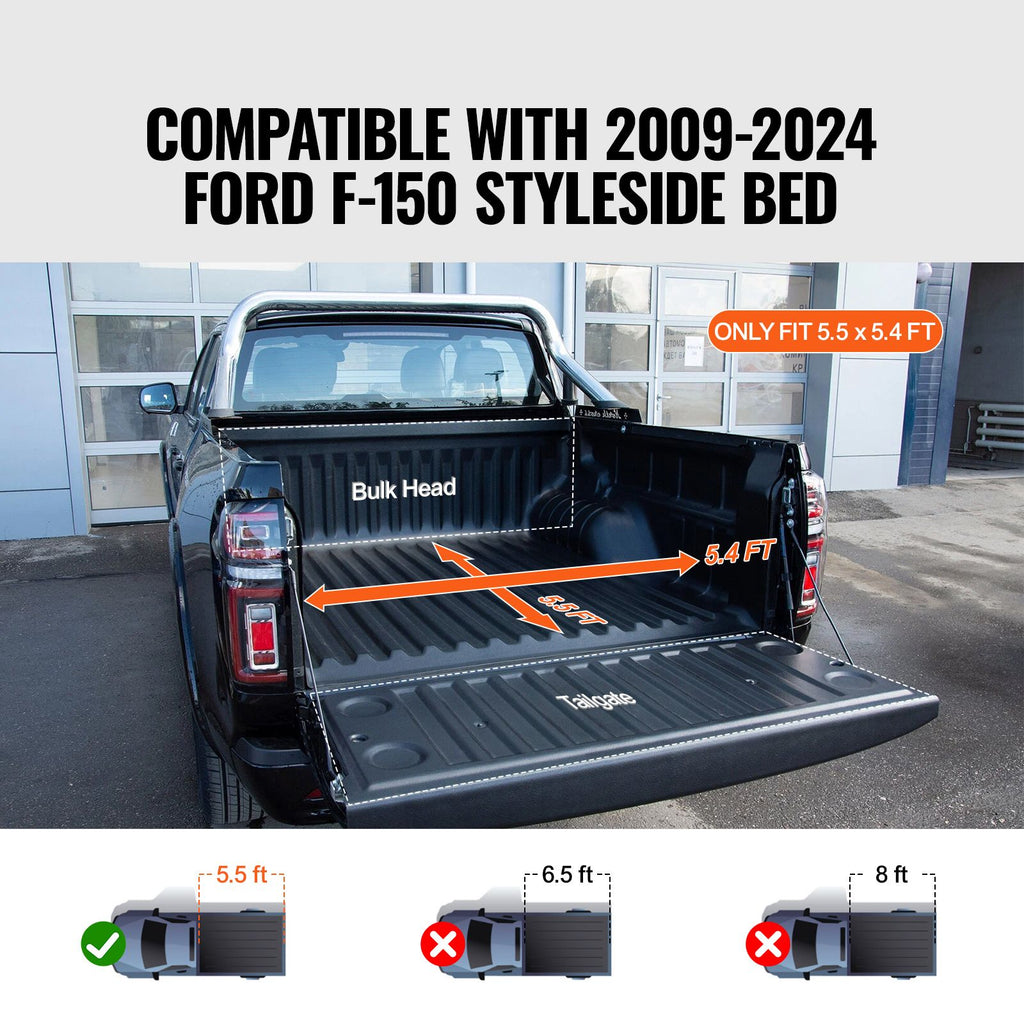 Truck Bed Cover, Roll Up Truck Bed Tonneau Cover, Compatible with 2009-2024 Ford F-150 Styleside Bed, for 1.7m x 1.7m Bed, Soft PVC material, 100% Bed Access Roll Up Tonneau Cover