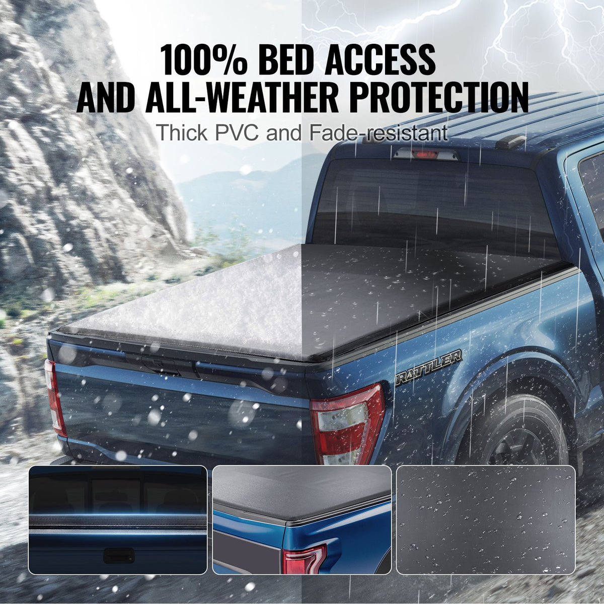 Truck Bed Cover, Roll Up Truck Bed Tonneau Cover, Compatible with 2009-2024 Ford F-150 Styleside Bed, for 1.7m x 1.7m Bed, Soft PVC material, 100% Bed Access Roll Up Tonneau Cover