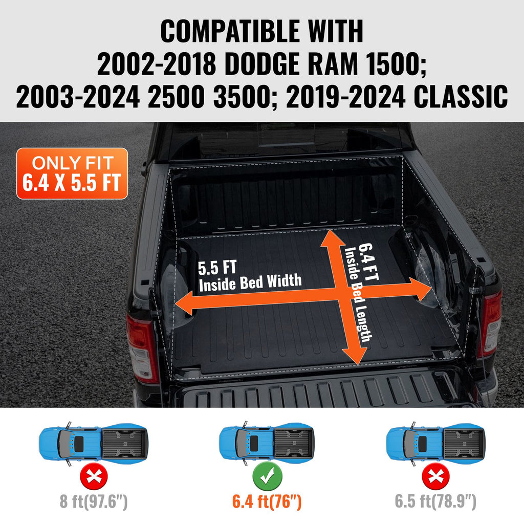 Truck Bed Cover, Roll Up Truck Bed Tonneau Cover, Compatible with 2002-2018 Dodge Ram 1500, 2003-2024 2500 3500, 2019-2024 Classic, for 6.4 x 5.5 ft Bed, Soft PVC material, Roll Up Tonneau Cover
