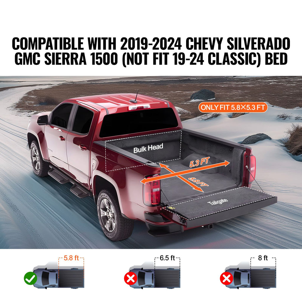 Truck Bed Cover, Roll Up Truck Bed Tonneau Cover, Compatible with 2019-2024 Chevy Silverado GMC Sierra 1500 (NOT FIT 19-24 Classic) Bed, for 1.8m x 1.6m Bed, Soft PVC, Roll Up Tonneau Cover