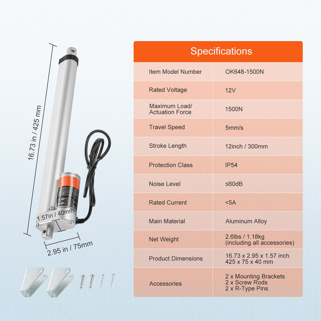Linear Actuator 12V, 12 Inch High Load 330lbs/1500N Linear Actuator, 0.19"/s Linear Motion Actuator with Mounting Bracket and IP54 Protection