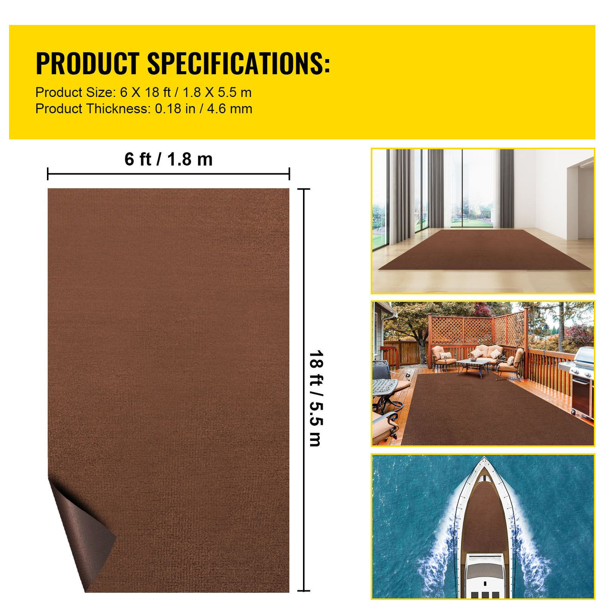 Marine Carpet, 6 x 18 ft Boat Carpeting, Deep Brown Marine Grade Boat Carpet, Indoor/Outdoor Marine Carpeting with Water-Proof TPR Backing, Water-Proof Carpet Roll for Home, Patio, Porch, Deck