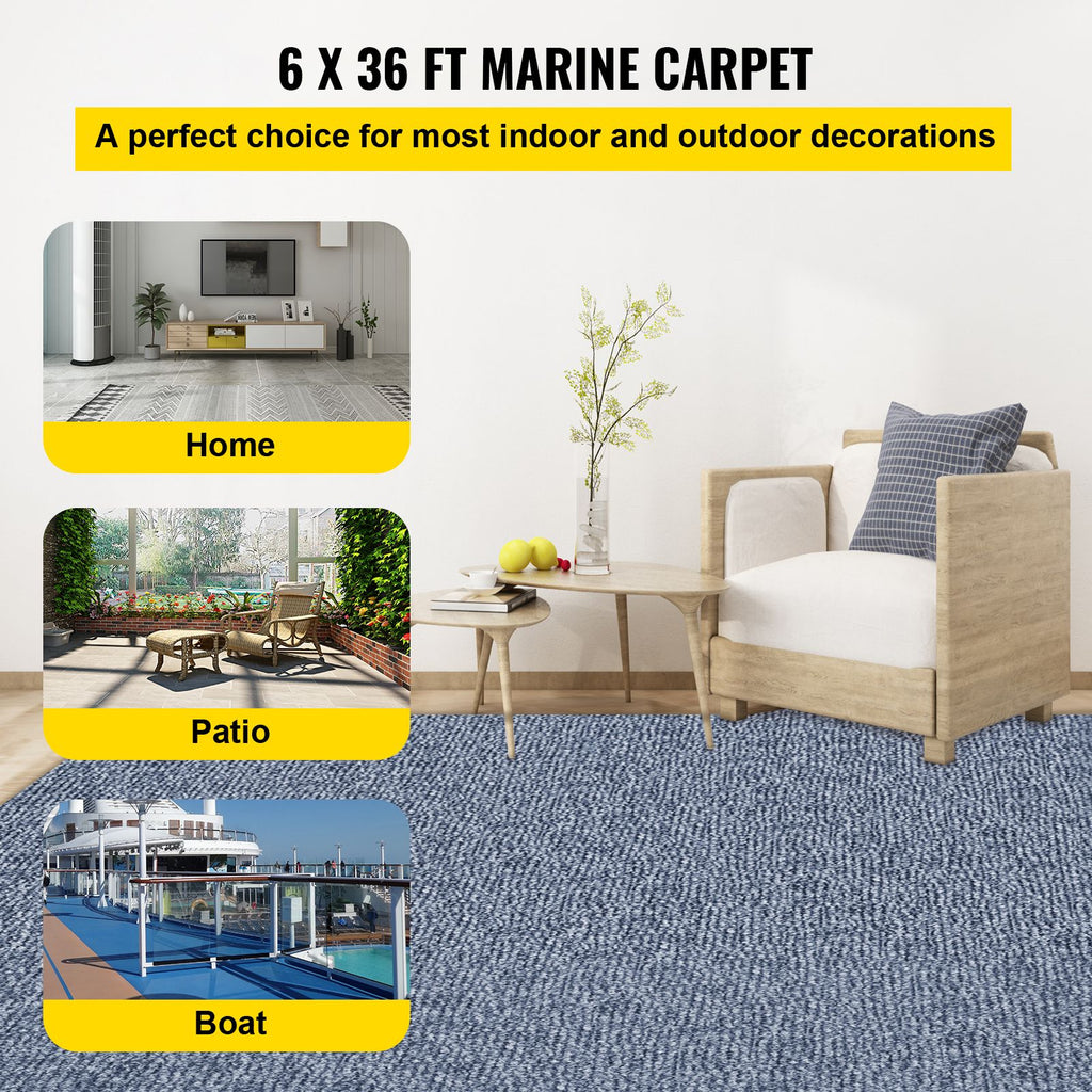 Gray Marine Carpet 6 ft x 36 ft, Boat Carpet Rugs, Indoor Outdoor Rugs for Patio Deck Anti-Slide TPR Water-Proof Back Outdoor Marine Carpeting Outdoor Carpet