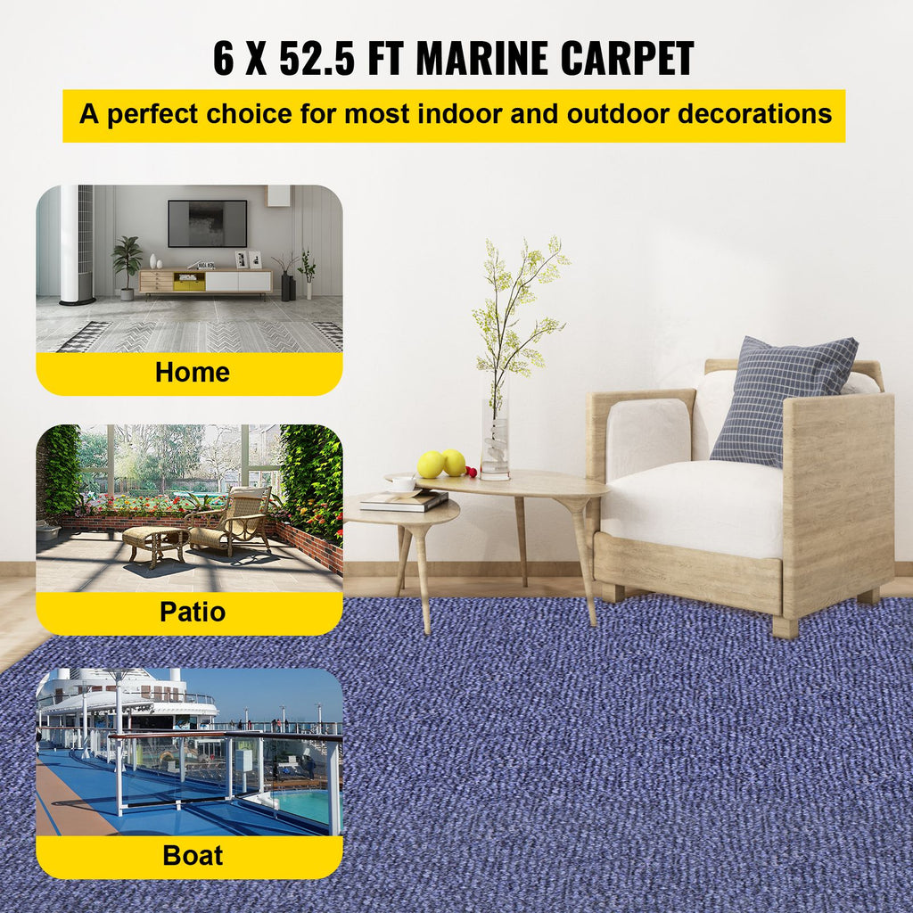 Deep Blue Marine Carpet 6 ft x 52.5 ft Marine Carpeting Marine Grade Carpet for Boats with Waterproof Back Outdoor Rug for Patio Porch Deck Garage Outdoor Area Rug Runner Non-Slide Porch Rug