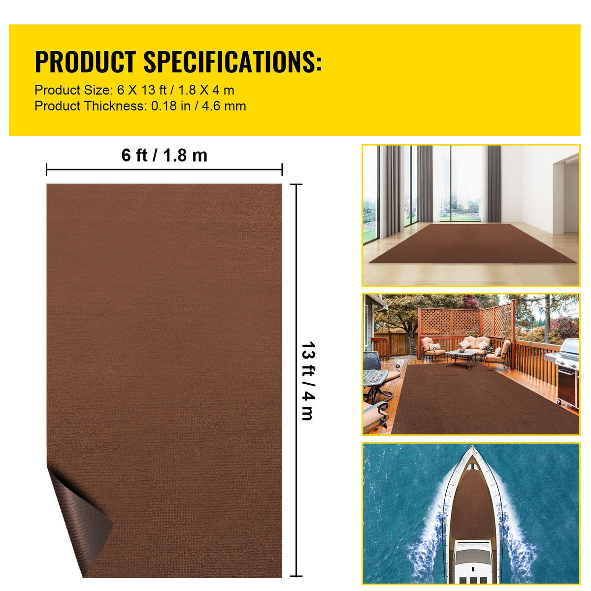 Marine Carpet, 6 x 13 ft Boat Carpeting, Deep Brown Marine Grade Boat Carpet, Indoor/Outdoor Marine Carpeting with Water-Proof TPR Backing, Water-Proof Carpet Roll for Home, Patio, Porch, Deck