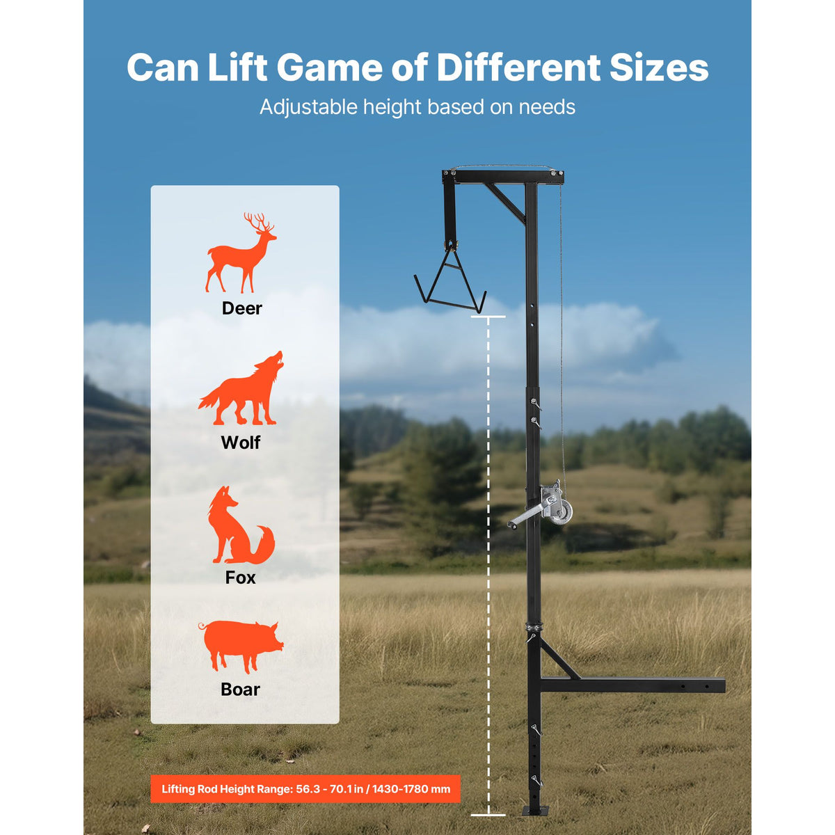 Truck Hitch Game Hoist, 400 lbs Load Capacity, Hunting Deer Hoist with 2-inch Receiver, 360-Degree Swivel Shaft & Adjustable Height, Includes Gambrel Winch for Skinning & Cleaning Game