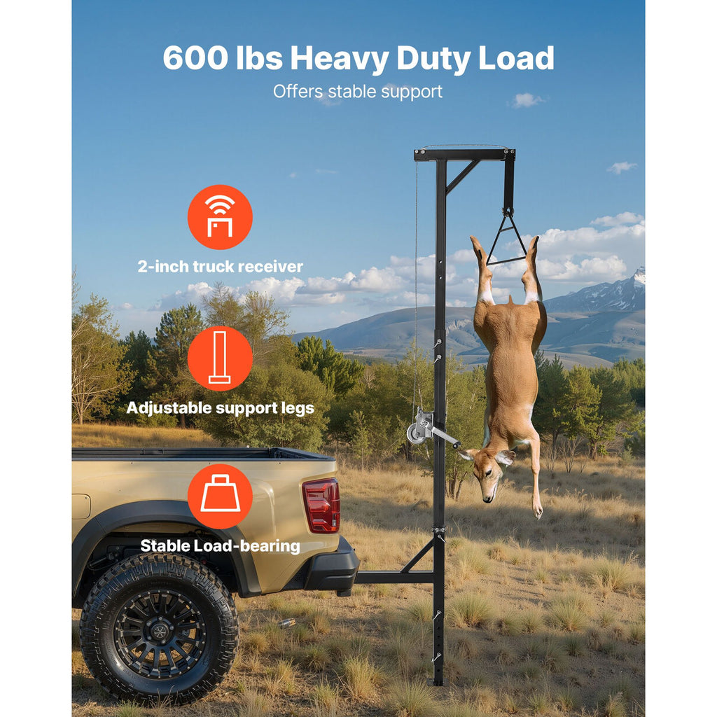 Truck Hitch Game Hoist, 600 lbs Load Capacity, Hunting Deer Hoist with 2-inch Receiver, 360-Degree Swivel Shaft & Adjustable Height, Includes Gambrel Winch for Skinning & Cleaning Game