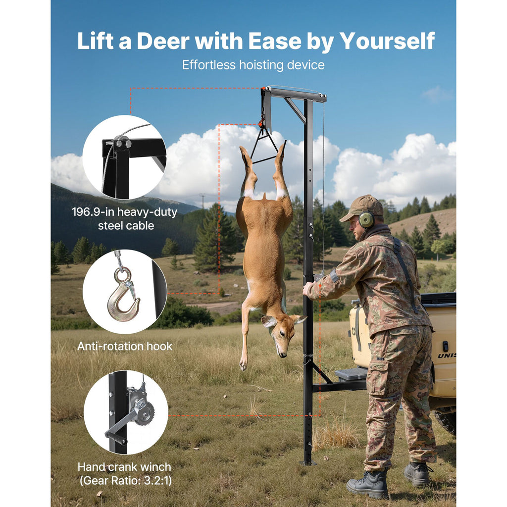 Truck Hitch Game Hoist, 600 lbs Load Capacity, Hunting Deer Hoist with 2-inch Receiver, 360-Degree Swivel Shaft & Adjustable Height, Includes Gambrel Winch for Skinning & Cleaning Game